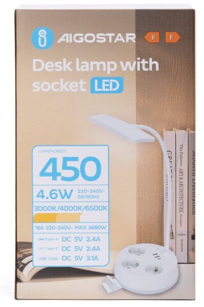 Aigostar - Lampă de birou LED dimabilă cu prize și port USB LED/4,6W/230V albă