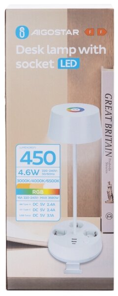 Aigostar-LED Lampă de birou LED RGBW cu reglare a intensității, prize și port USB, 4,6W, 230V, alb