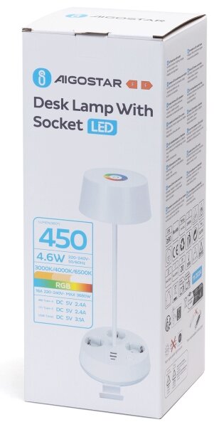 Aigostar-LED Lampă de birou LED RGBW cu reglare a intensității, prize și port USB, 4,6W, 230V, alb