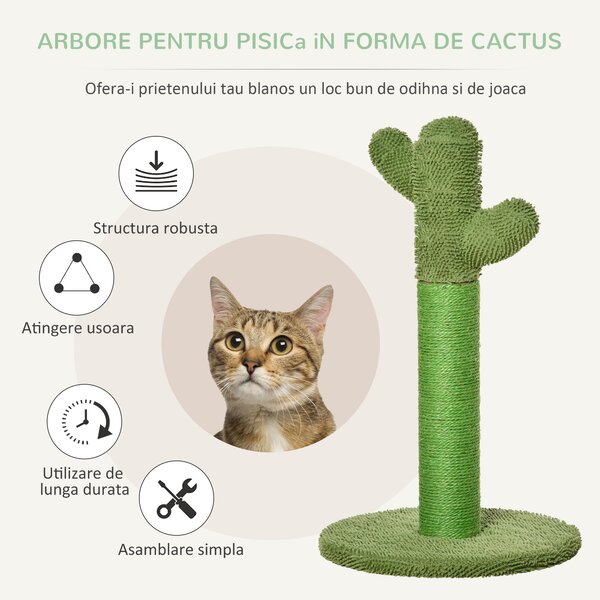 PawHut Arbore de Zgâriat pentru Pisici, Design Cactus cu Sisal, Ideal pentru Pisici Adulte și Pui, 40x40x65cm, Verde | Aosom Romania