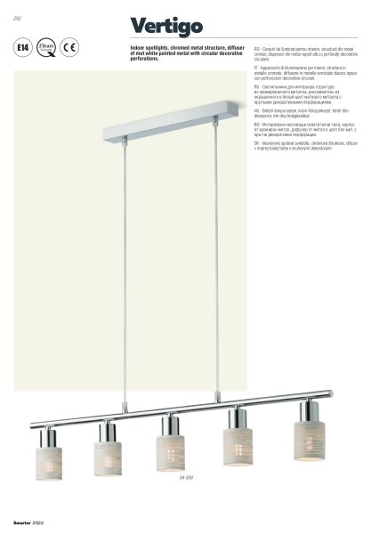Redo VERTIGO 04-509 – lustră suspendată pe cablu, 5 x E14, max. 28 W, 230 V, crom lucios/alb