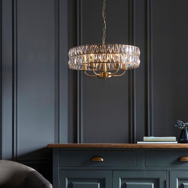 Endon 106244 - Candelabru suspendat CLIFTON pe lanț, 5xE14/6W/230V, alamă/sticlă clară