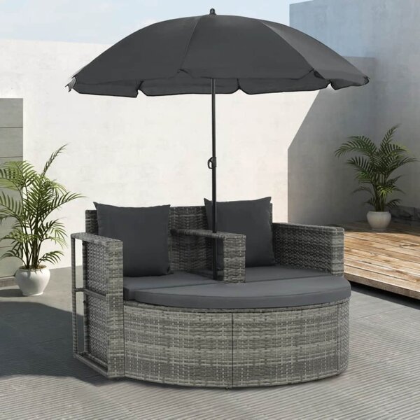 Canapea de grădină cu 2 locuri cu perne și umbrelă gri poliratan