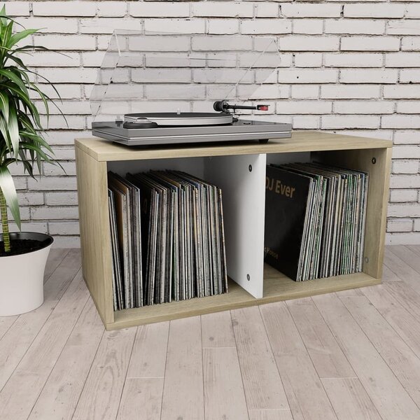 Cutie depozitare vinyl-uri, alb/stejar Sonoma, 71x34x36 cm, PAL