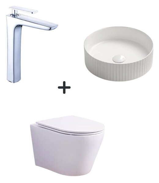 Set vas wc rimless cu capac soft close, lavoar baie rotund alb si baterie chiuveta Foglia