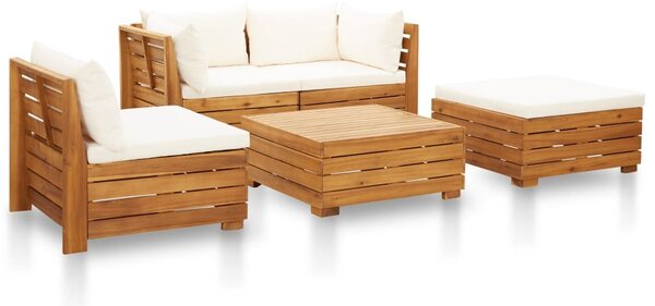 Set mobilier grădină cu perne, 5 piese, alb crem, lemn acacia
