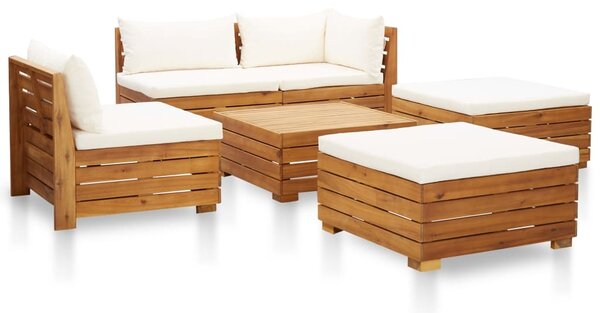 Set mobilier grădină cu perne, 6 piese, alb crem, lemn acacia
