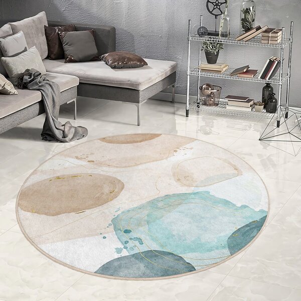 Covor albastru/bej lavabil rotund ø 100 cm Puddle – Mila Home