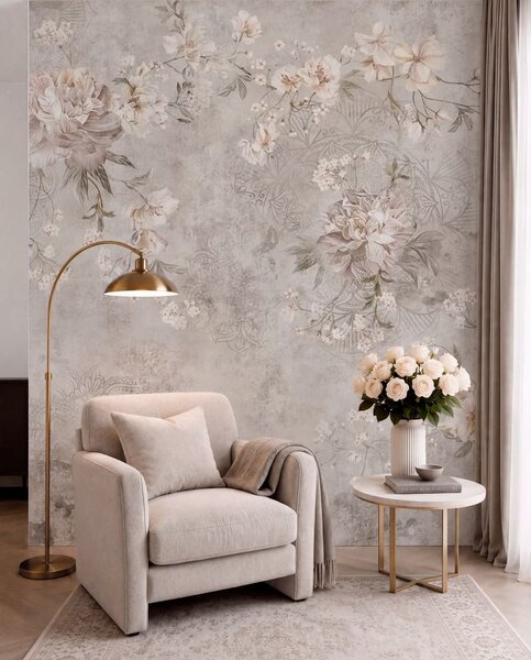 Tapet Ornament floral pe un fundal deschis, cu textură, Fototapet Flori, w05698 : Uwalls.ro