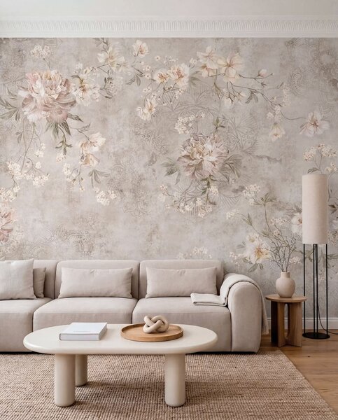 Tapet Ornament floral pe un fundal deschis, cu textură, Fototapet Flori, w05698 : Uwalls.ro