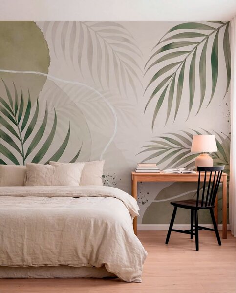 Tapet Frunze stilizate pe un fundal neutru, delicat, Fototapet Natură, Fototapet Foi de palmier, w05728 : Uwalls.ro