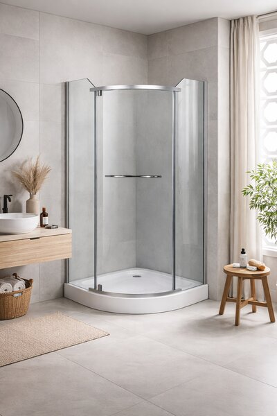 Cabina dus semi-rotunda 90x90, balama, prinderi si manere inox, sticla securizata 6mm. Cadita este inclusa in pret!