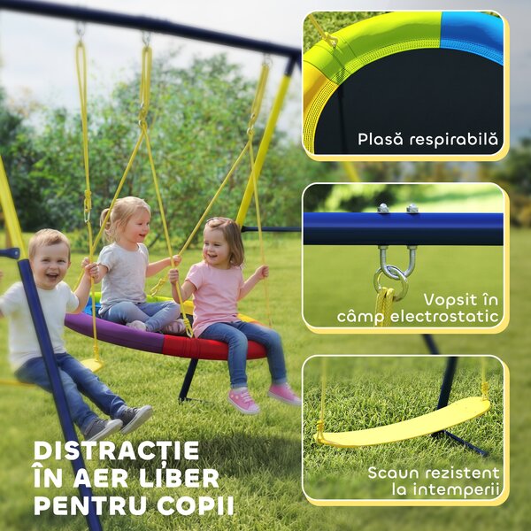 AIYAPLAY Set de Leagăne pentru Copii cu Două Tipuri de Leagăne, Loc de Joacă Exterior cu Corzi Reglabile, Structură din Metal pentru Vârsta 3-8 Ani, Capacitate 150kg, Multicolor | Aosom Romania