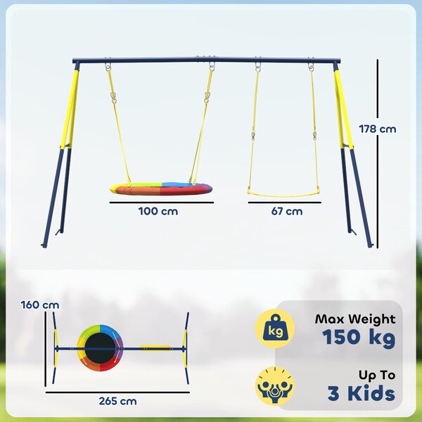 AIYAPLAY Set de Leagăne pentru Copii cu Două Tipuri de Leagăne, Loc de Joacă Exterior cu Corzi Reglabile, Structură din Metal pentru Vârsta 3-8 Ani, Capacitate 150kg, Multicolor | Aosom Romania
