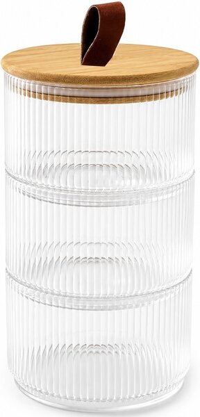 Set 3 recipiente suprapuse din sticla, cu capac din lemn, pentru condimente, dulciuri si depozitare alimente, design elegant