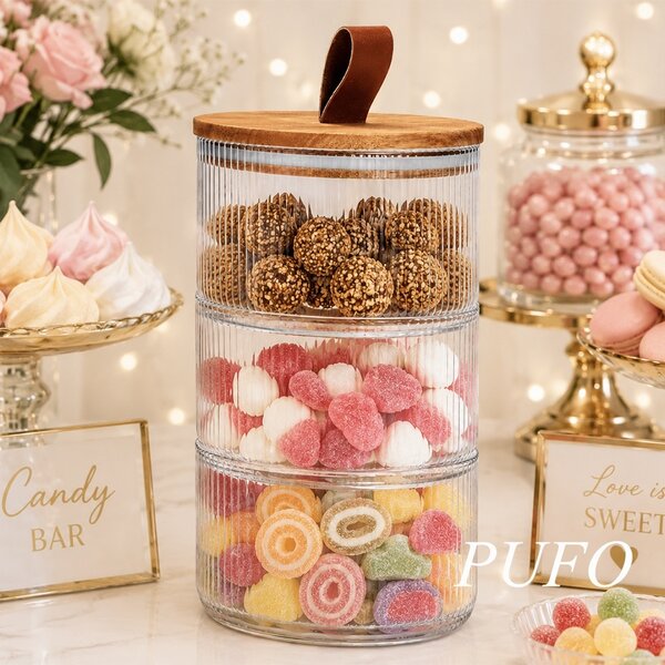 Set 3 recipiente suprapuse din sticla, cu capac din lemn, pentru condimente, dulciuri si depozitare alimente, design elegant