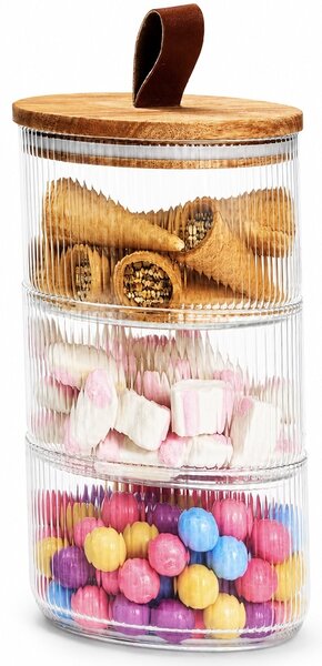 Set 3 recipiente suprapuse din sticla, cu capac din lemn, pentru condimente, dulciuri si depozitare alimente, design elegant