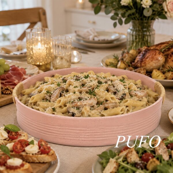 Tava decorativa rotunda ceramica Pufo Pinky cu manere pentru servire, roz, 24 cm