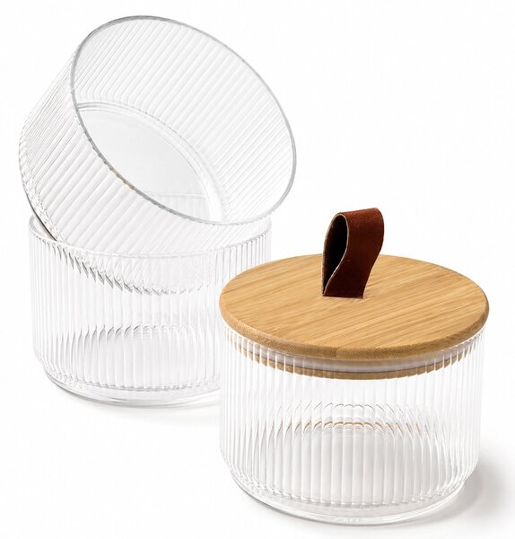 Set 3 recipiente suprapuse din sticla, cu capac din lemn, pentru condimente, dulciuri si depozitare alimente, design elegant