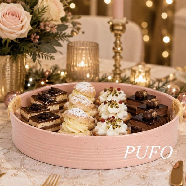 Tava decorativa rotunda ceramica Pufo Pinky cu manere pentru servire, roz, 24 cm