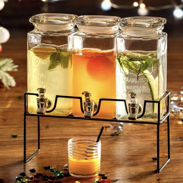 Set 3 dozatoare din sticla pentru limonada cu suport metalic, recipiente pentru bauturi si sucuri
