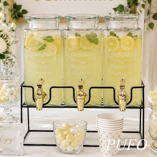 Set 3 dozatoare din sticla pentru limonada cu suport metalic, recipiente pentru bauturi si sucuri