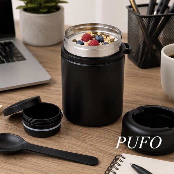 Recipient izolator portabil Pufo Food pentru iaurt, supa, cereale, alimente cu lingură, termic, negru, 400 ml