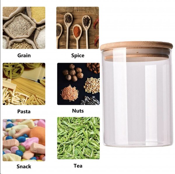 Recipient din sticla borosilicata Pufo Flavour pentru zahar, cafea, ceai sau condimente, cu capac ermetic din bambus, 800 ml