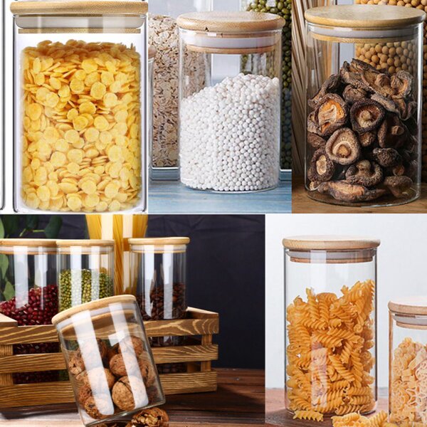 Recipient din sticla borosilicata Pufo Flavour pentru zahar, cafea, ceai sau condimente, cu capac ermetic din bambus, 800 ml