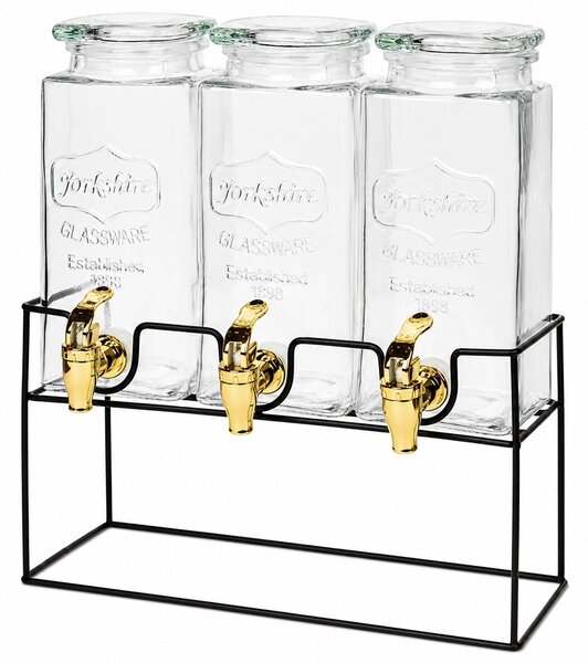 Set 3 dozatoare din sticla pentru limonada cu suport metalic, recipiente pentru bauturi si sucuri