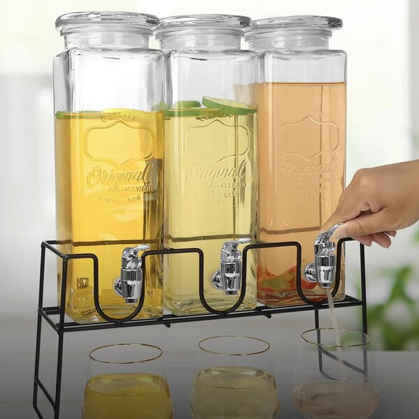 Set 3 dozatoare pentru limonada cu suport metalic, recipiente pentru bauturi si sucuri