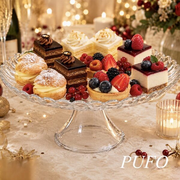 Platou elegant Pufo Cake din sticla cu picior pentru prajituri, mini torturi, fructe si aperitive