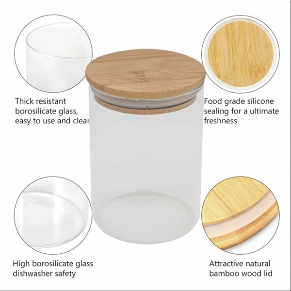 Recipient din sticla borosilicata Pufo Flavour pentru zahar, cafea, ceai sau condimente, cu capac ermetic din bambus, 800 ml