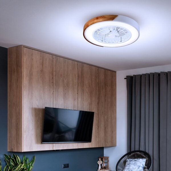 Brilagi-LED Lampă dimabilă cu ventilator, LED/30W/230V, 3000-6500K, alb/stejar + telecomandă