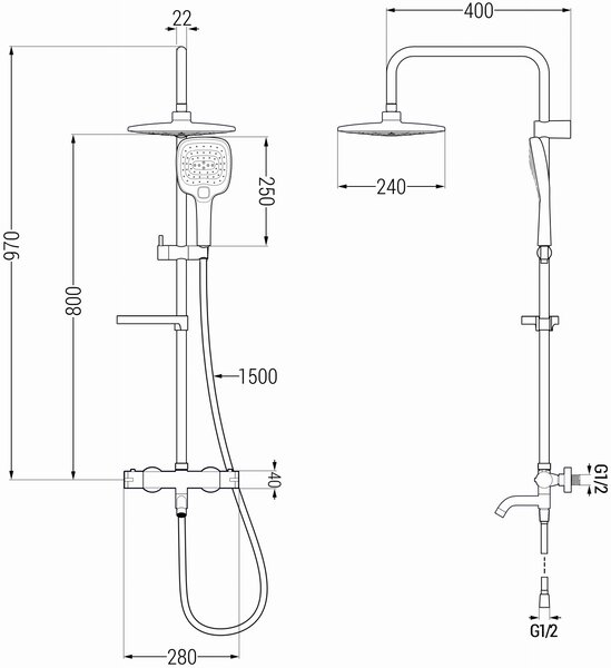 Set dus Mexen KX17 cu cap superior 24 cm cu robinet termostatic Kai, negru, 779001791-70