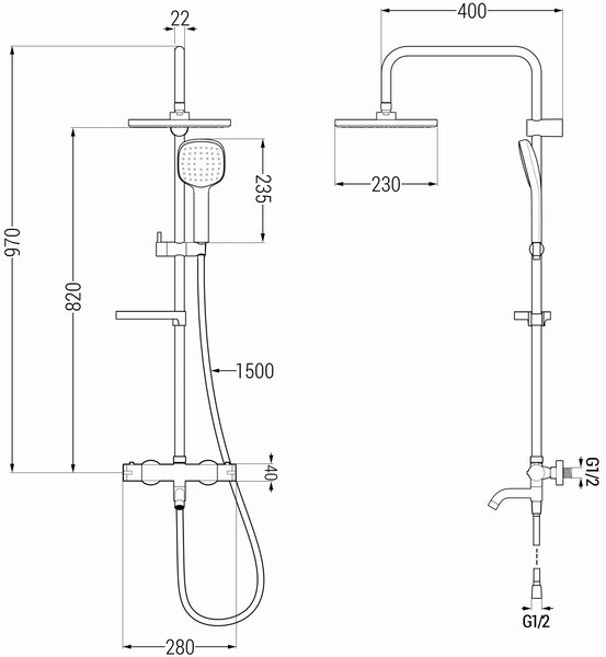 Set de duș Mexen KX33 cu robinet termostatic pentru cadă-duș Kai, negru, 779003391-70
