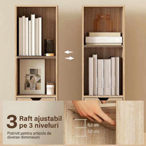 HOMCOM Raft Bibliotecă cu 4 Nivele Deschise, cu Dulap și Sertar, 30x24x158 cm, Lemn Natural | Aosom Romania