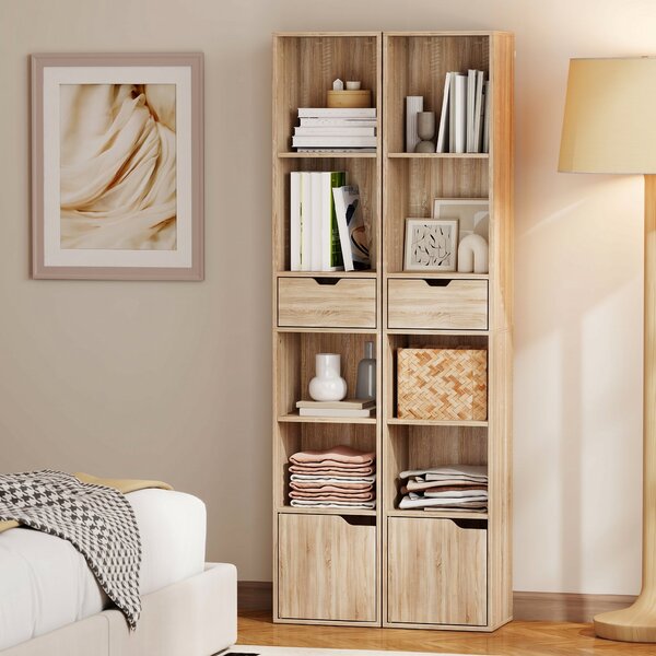 HOMCOM Raft Bibliotecă cu 4 Nivele Deschise, cu Dulap și Sertar, 30x24x158 cm, Lemn Natural | Aosom Romania