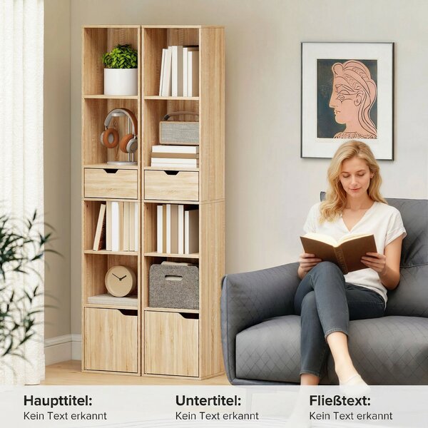 HOMCOM Raft Bibliotecă cu 4 Nivele Deschise, cu Dulap și Sertar, 30x24x158 cm, Lemn Natural | Aosom Romania