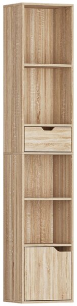 HOMCOM Raft Bibliotecă cu 4 Nivele Deschise, cu Dulap și Sertar, 30x24x158 cm, Lemn Natural | Aosom Romania