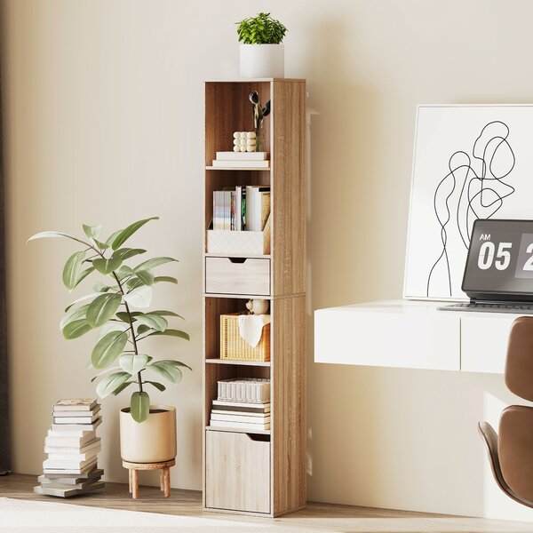 HOMCOM Raft Bibliotecă cu 4 Nivele Deschise, cu Dulap și Sertar, 30x24x158 cm, Lemn Natural | Aosom Romania