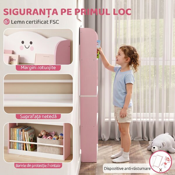 AIYAPLAY Bibliotecă Montessori Copii 3-6 Ani, Tematică Vată de Zahăr, 4 Rafturi din Lemn, Cameră Copii, Roz | Aosom Romania