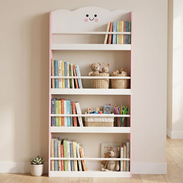 AIYAPLAY Bibliotecă Montessori Copii 3-6 Ani, Tematică Vată de Zahăr, 4 Rafturi din Lemn, Cameră Copii, Roz | Aosom Romania