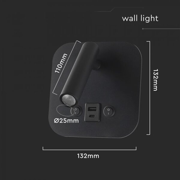 Aplica spot LED de perete cu port USB, 8W, 230V, 3000K, negru