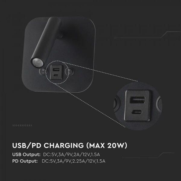 Aplica spot LED de perete cu port USB, 8W, 230V, 3000K, negru
