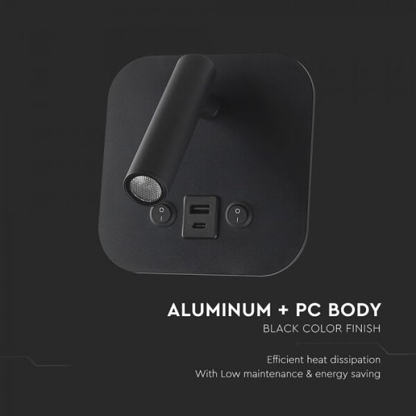 Aplica spot LED de perete cu port USB, 8W, 230V, 3000K, negru