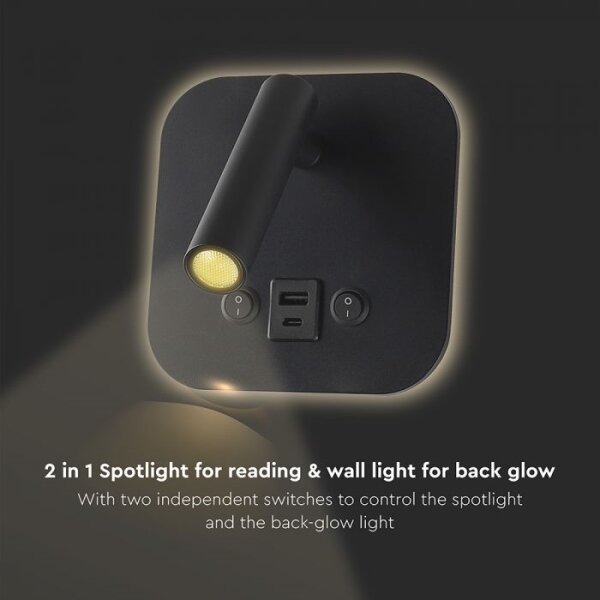 Aplica spot LED de perete cu port USB, 8W, 230V, 3000K, negru