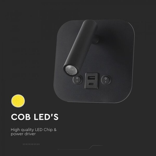 Aplica spot LED de perete cu port USB, 8W, 230V, 3000K, negru