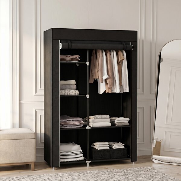 HOMCOM Dulap Portabil din Material, Dulap cu 6 Rafturi Deschise, 1 Bară și Ușă cu Fermoar, 103x43x162,5 cm, Negru | Aosom Romania