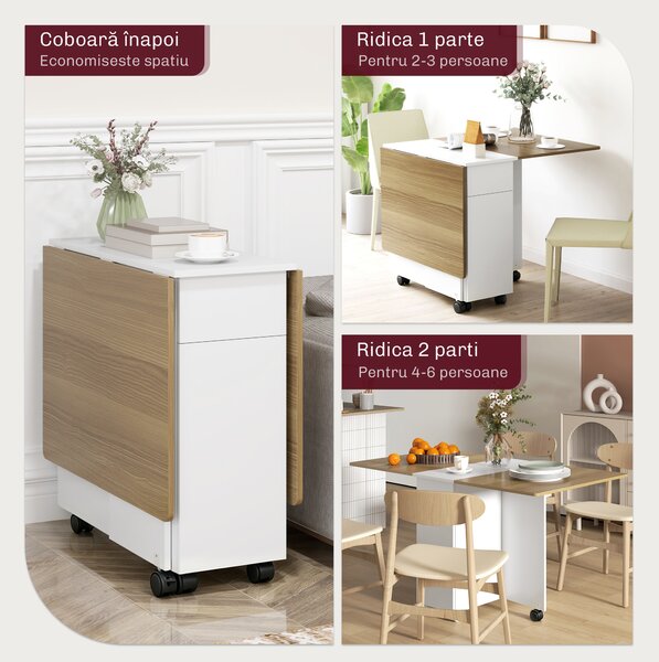 HOMCOM Masă Extensibilă pentru 6 Persoane, Masă Pliabilă cu Roți, 2 Sertare și Dulapior, 140x76x74 cm, Alb | Aosom Romania
